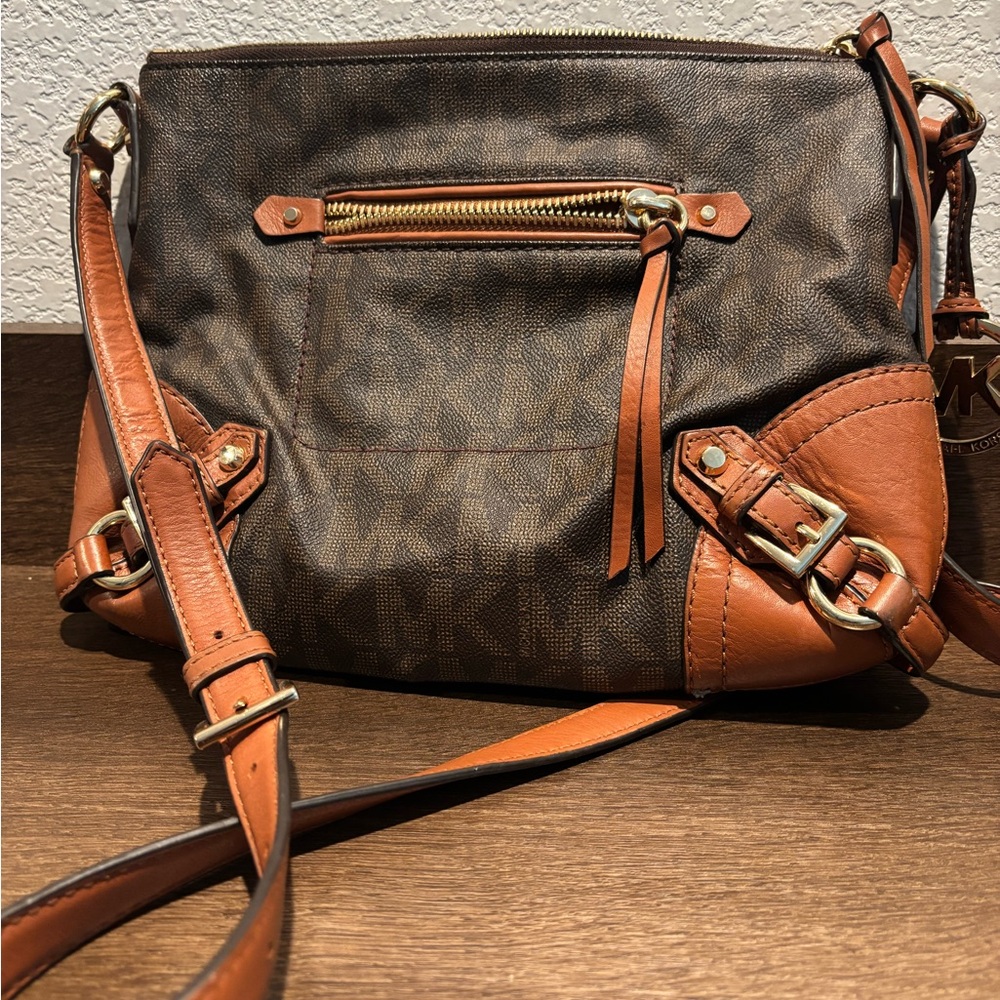Michael Kors Brown Signature Crossbody with Tan Leather Trim
